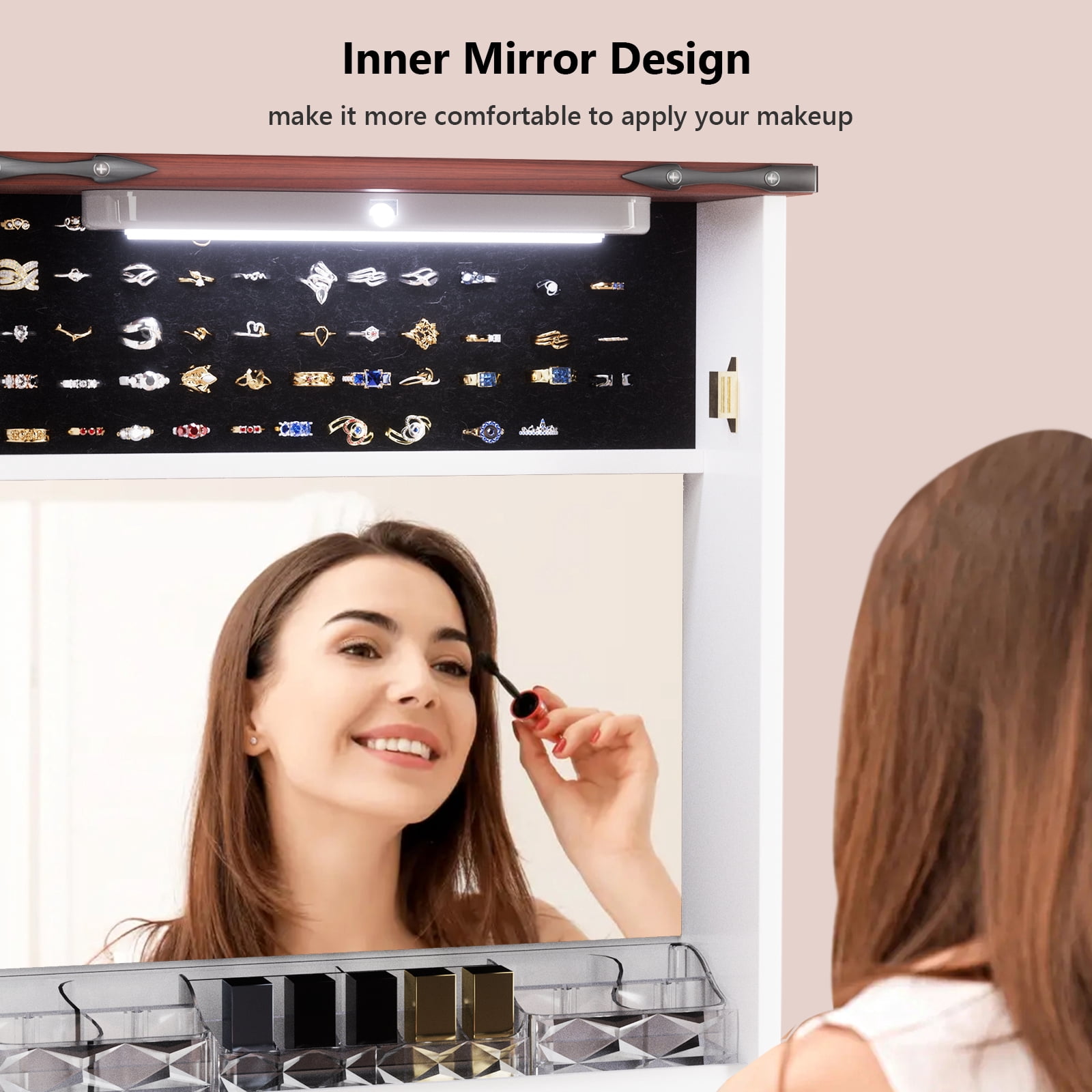 MAYEERTY 42.52"x16.14" 2-in-1 Jewelry Cabinet with Full-Length Mirror, Door-Hanging Makeup Organizer with Built-in Light for Bedroom