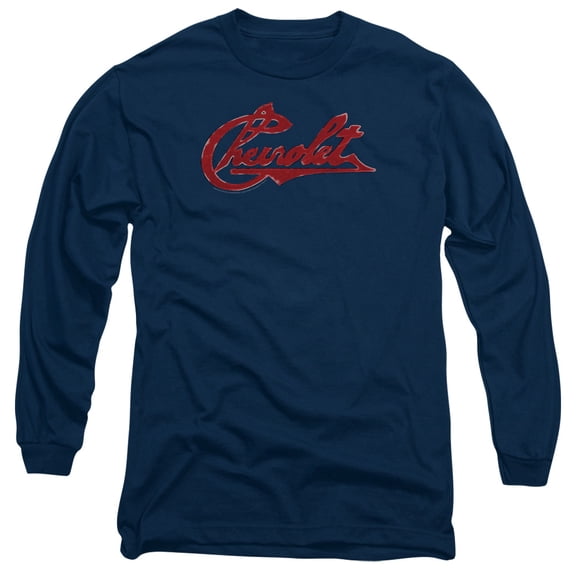 Chevrolet Chevrolet Script Distressed Long Sleeve Adult 18/1 T-Shirt Navy