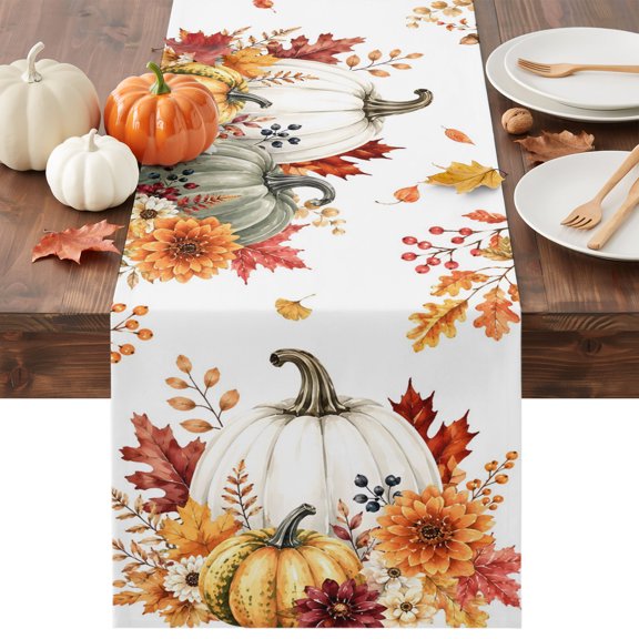 White Green Pumpkins Fall Table Runner - 36 Inch Long Thanksgiving Floral Leaves Cotton and Linen Blended Dress Scarves Farmhouse Table Runner for Kitchen Dining, Coffee Table, 13" x 36"