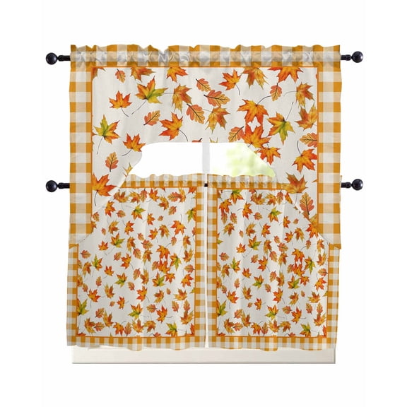 Fall Maple Leaf Swag Kitchen Curtains Sets for Windows 24 Inch Length, Thanksgiving Autumn Orange Plaid Short Window Curtain Panels Swags Valances and Tiers 3 Piece Set for Cafe/Dining Room