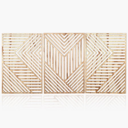 3 Pieces Wood Wall Art Floral Decor 3D Layered Geometric Pattern Wooden Wall Sculptures Nature Inspired Hanging Aesthetic Decor for Living Room Bedroom Office (Light Geometric Large)