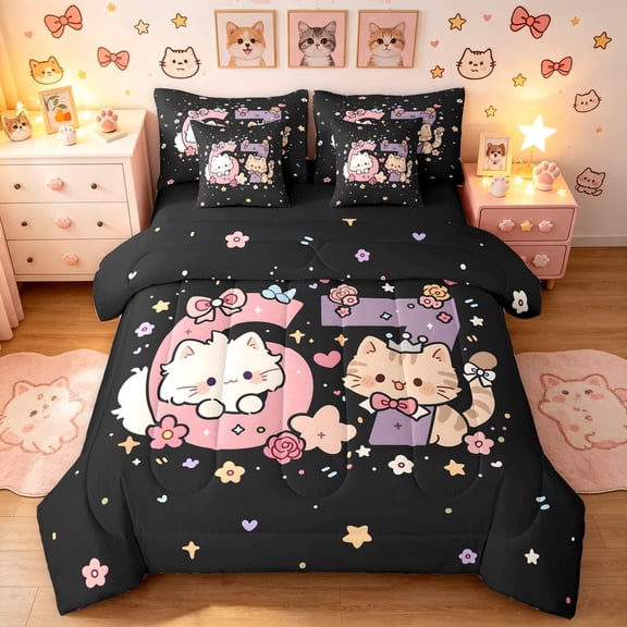 Manfei Cute Pet Bow Cat Twin Bedding, Cartoon 67 Number Bedding Comforter Set, Black Pink, Black Reversible, 7pcs