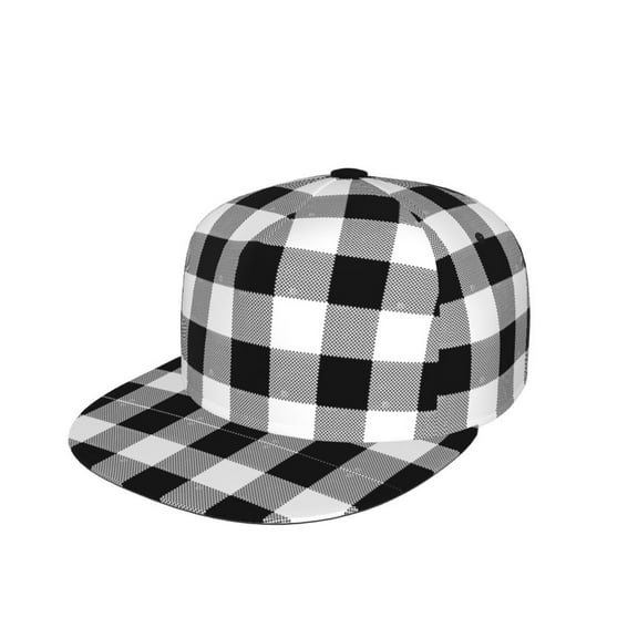 Black White Plaid Flat Brim Trucker Cap Adjustable Snapback Hat For Men Women