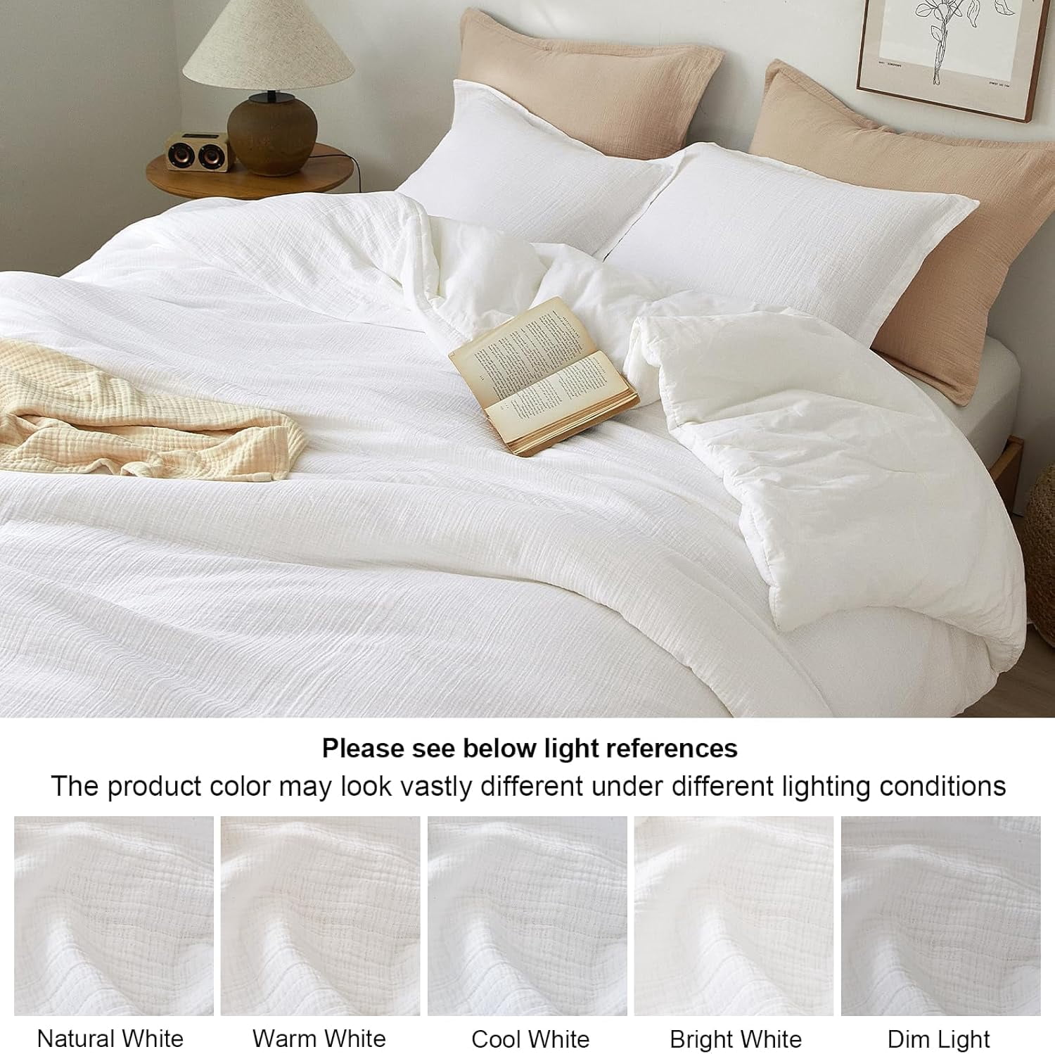 PHF Cotton Muslin Comforter Set King Size, Ultra Soft, Breathable & Lightweight Bedding Set for All Seasons, 1 Comfy Comforter 104"x90", 2 Pillow Shams 20"x36", White