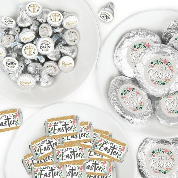 Big Dot of Happiness Religious Easter - Mini Candy Bar, Round Candy, & Circle Stickers - Christian Holiday Party Candy Favor Sticker Kit - 304 Pieces