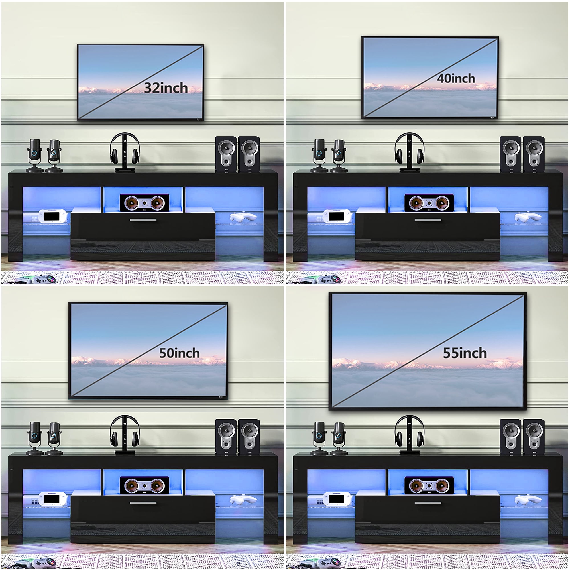 UHOMEPRO TV Stand for TV up to 55", High Gloss Entertainment Center with RGB LED Lights and Storage Shelves, Black Media Console for Living Room