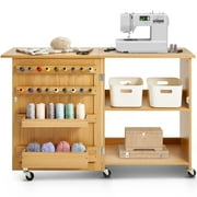 KFFKFF Sewing Table, Versatile Tailoring Machine Stand with Streamlined Configuration, Casters, Racks, Organizing Bins, Timber Dowels, and Attractive Shutters, Timber Hue