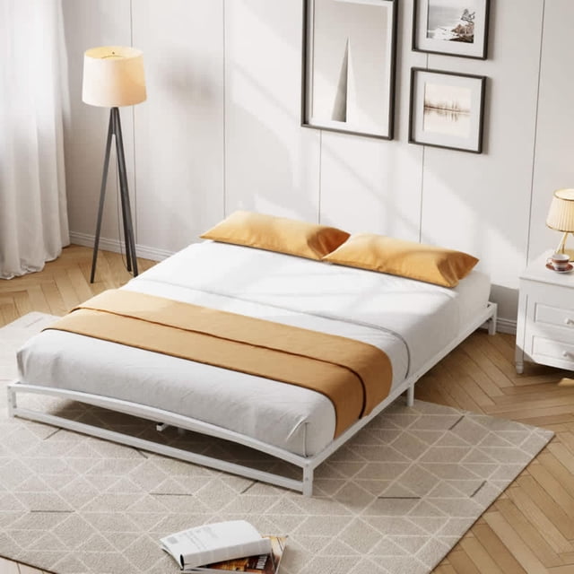 Tamaño completo-size blanca low marco cama - 6-pulgada heavy-duty metal cama plataforma arch design, fácil montaje, strong bearing capacity, under-cama almacenamiento, no necesita colchón base
