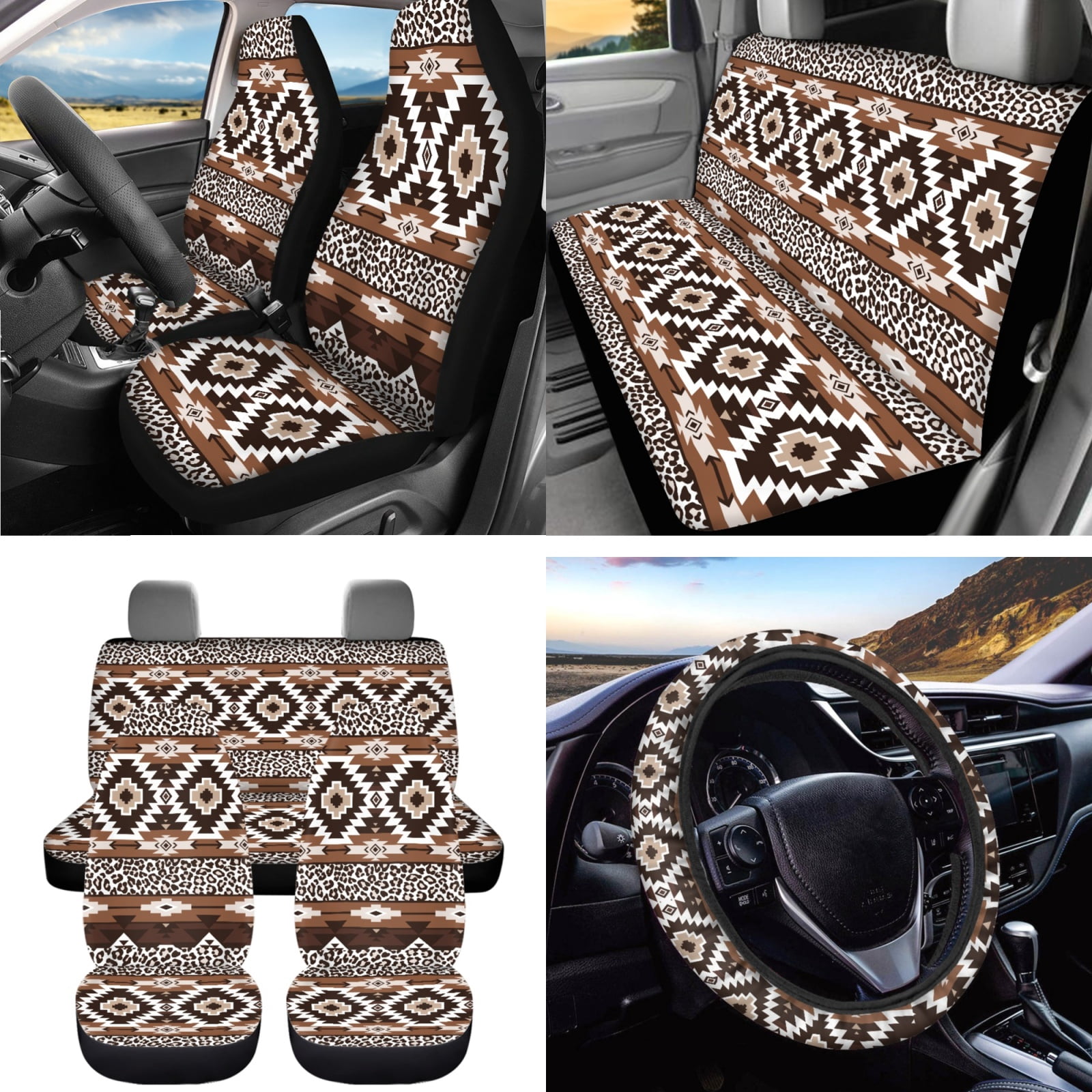 Jeiento Aztec Leopard Seat Covers Full Set for Car with Trash Bin Cup Holder Steering Wheel Cover Seat Belt Shoulder Pad Keychain Rear View Mirror Protector Air Vent Storage Bag Car Accessories