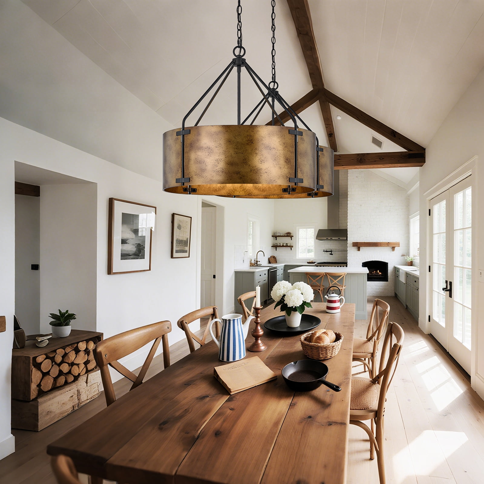 NATYSWAN 22 inch Industrial Cage Ceiling Light with 4 Lights (No Bulbs), E27 Base Max 100W Each, Dual USB-A & C Charging Ports, 60 inch Chain, for Kitchen, Dining Room, Farmhouse Indoor