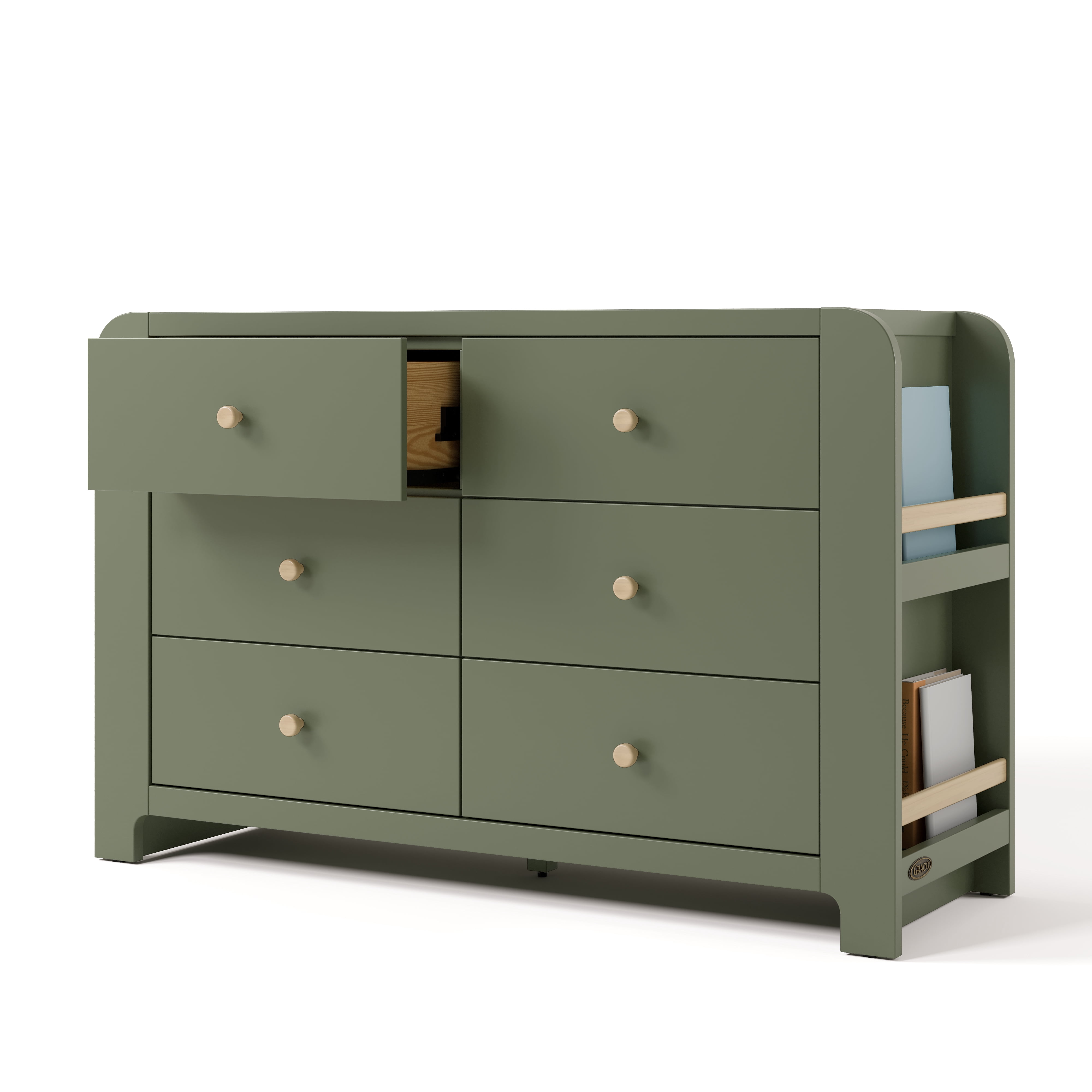 Graco Read-with-Me 6 Drawer Chest with Bookshelves, Olive with Driftwood
