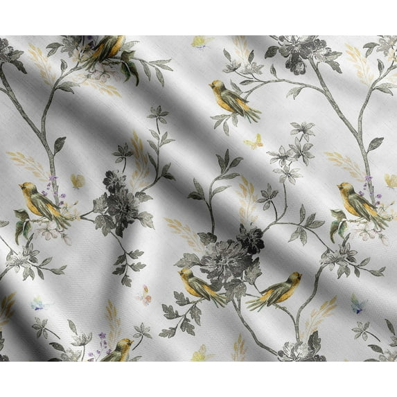 Soimoi Bird & Flowers Printed, Poly Canvas Fabric, Decor Sewing Fabric by The Yard 56 Inch Wide,Decorative Fabric for Curtains Tote Bags, Gray & Yellow