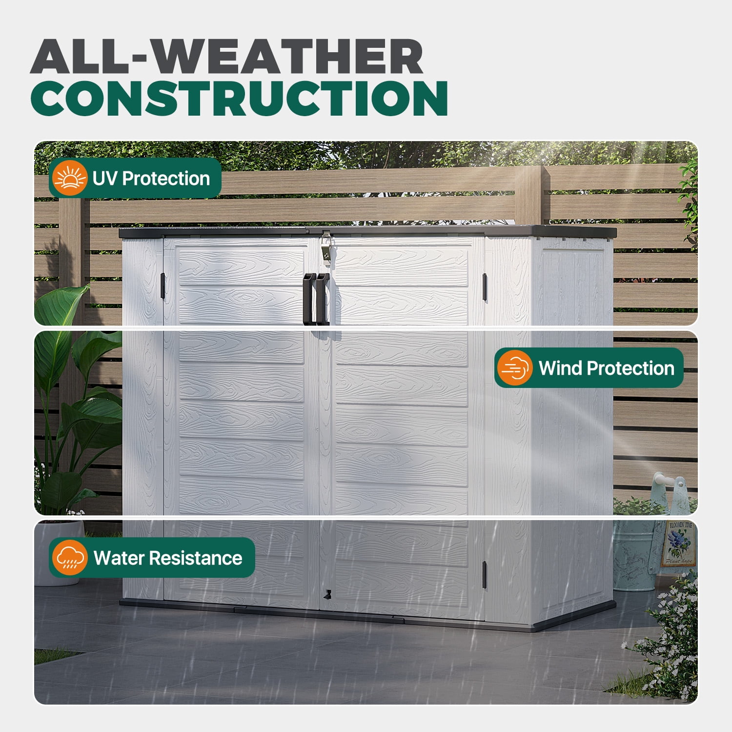 Dateyes 41 Cu.Ft Outdoor Storage Shed, Waterproof Resin Cabinet with Floor for Patio, Garden & Pool, White