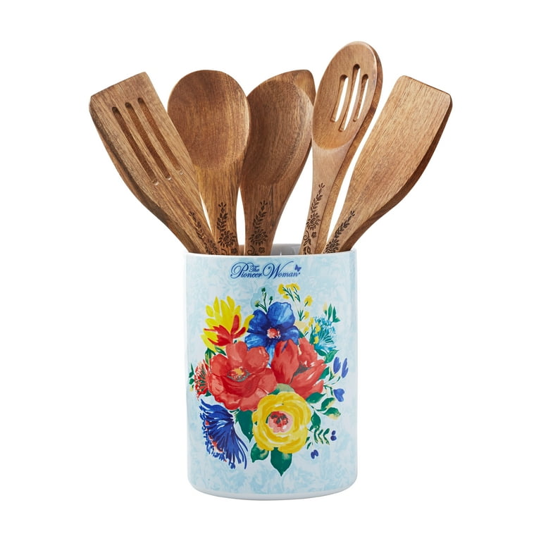 The Pioneer Woman Acacia Wood Kitchen Utensil Set With Crock in Delaney 