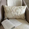 thumbnail image 3 of The HomeCentric Ivory Lumbar Pillow Cover Ribbon Ivory Rose Flower Pillows Cover Pack of 2, 12"x14" (30x35 cm) Lumbar Pillow Cover Rectangle Silk Lumbar Pillow Cover Floral Modern - Ivory Paradise, 3 of 12