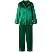 DAKIMOE Sleepwear Womens Silky Satin Pajamas Set Long Sleeve Nightwear Loungewear, Green, M