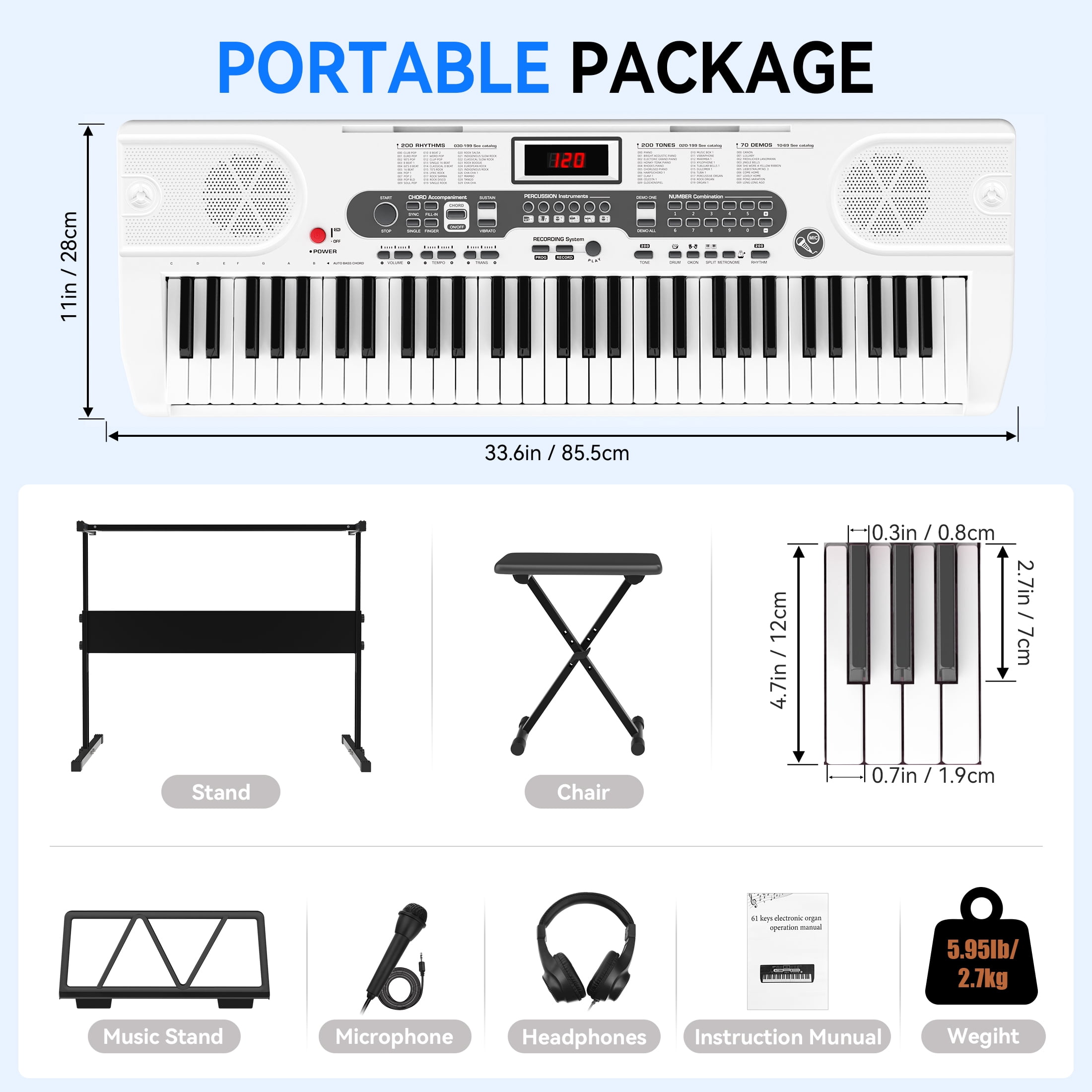 Fenbeli 61-Key Piano Keyboard with Lighted Keys, Stand, Bench, Microphone, Headphone, Electronic Keyboard Piano Set, White