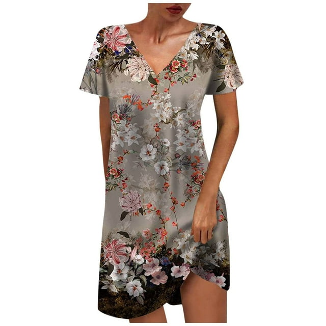 Robes d'Été pour Femmes à Imprimé, Manches Courtes, Col en V, Longueur Mi-Cuisse, Robe Mode