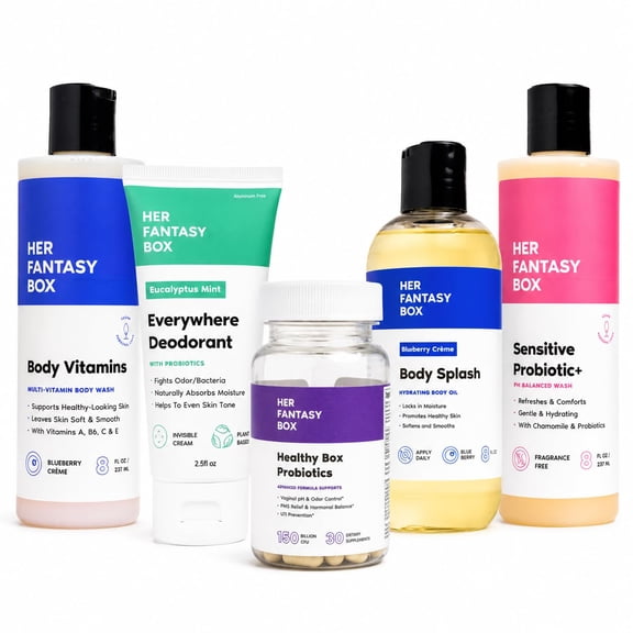 Her Fantasy Box | Hormone & Balance Kit Body Wash, Sensitive Probiotic Wash, Womens Probiotic, Blueberry Body Oil & Aluminum-Free Mint Deodorant