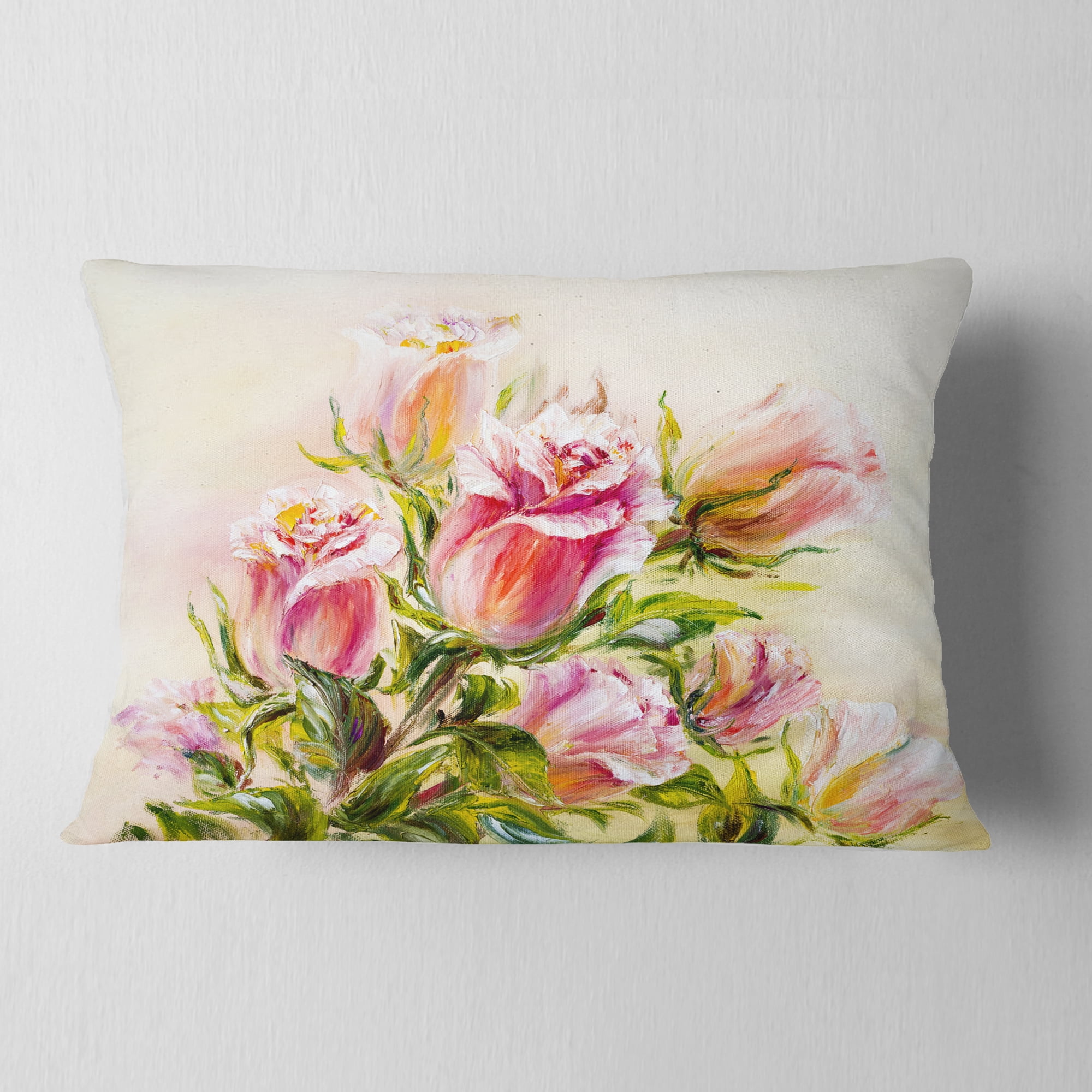 Designart Rose Oil Painting - Floral Throw Pillow - 12x20