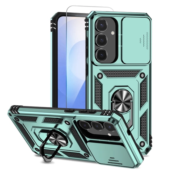 Rugged Case for Samsung Galaxy A17 5G/ A26 5G, with Screen Protector Sliding Camera Cover Magnetic Ring Holder Stand Shockproof Cover, Darkgreen