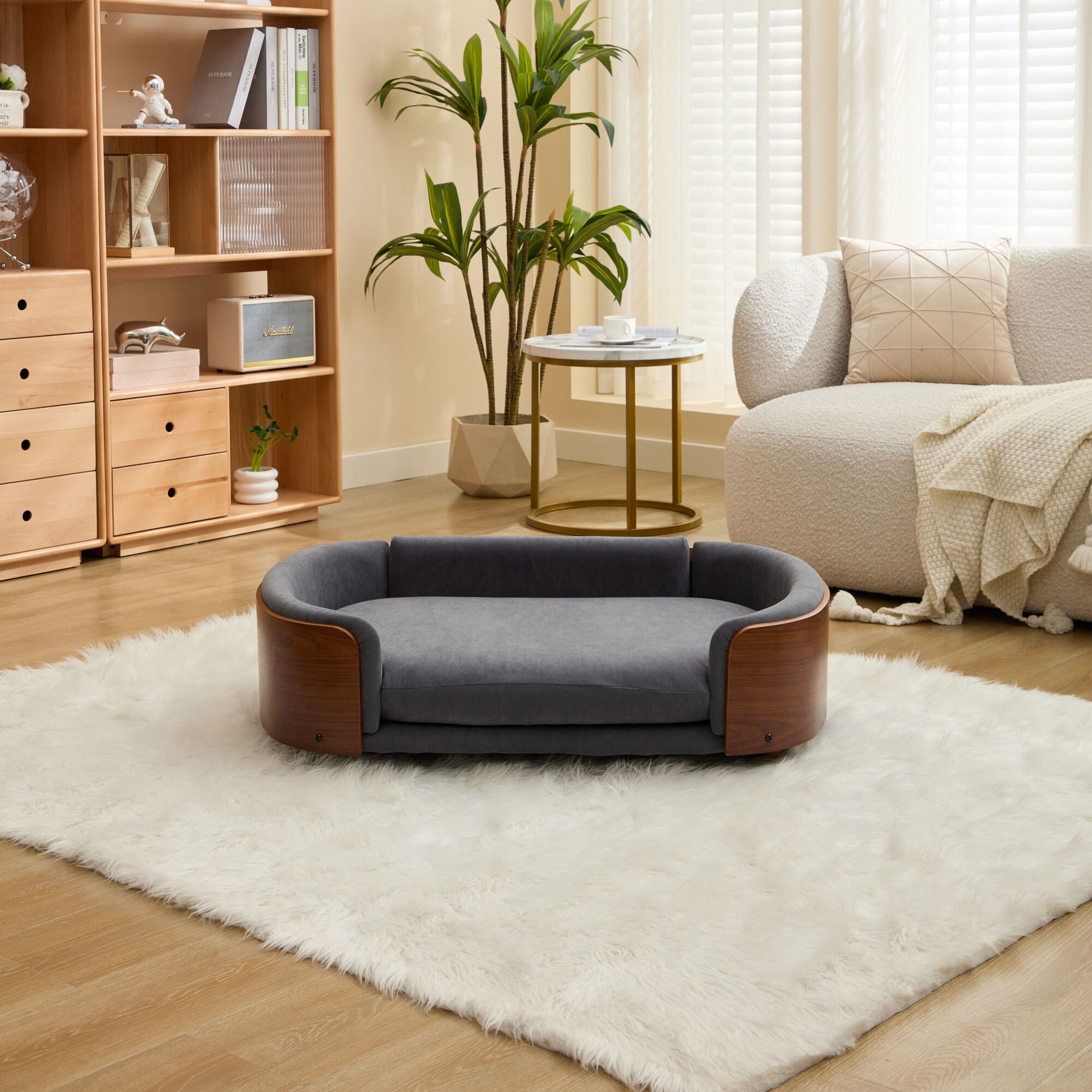 Noble House Scandinavian Elevated Large Dog Bed, Pet Sofa with Solid Wood Frame, Dark Gray and Walnut