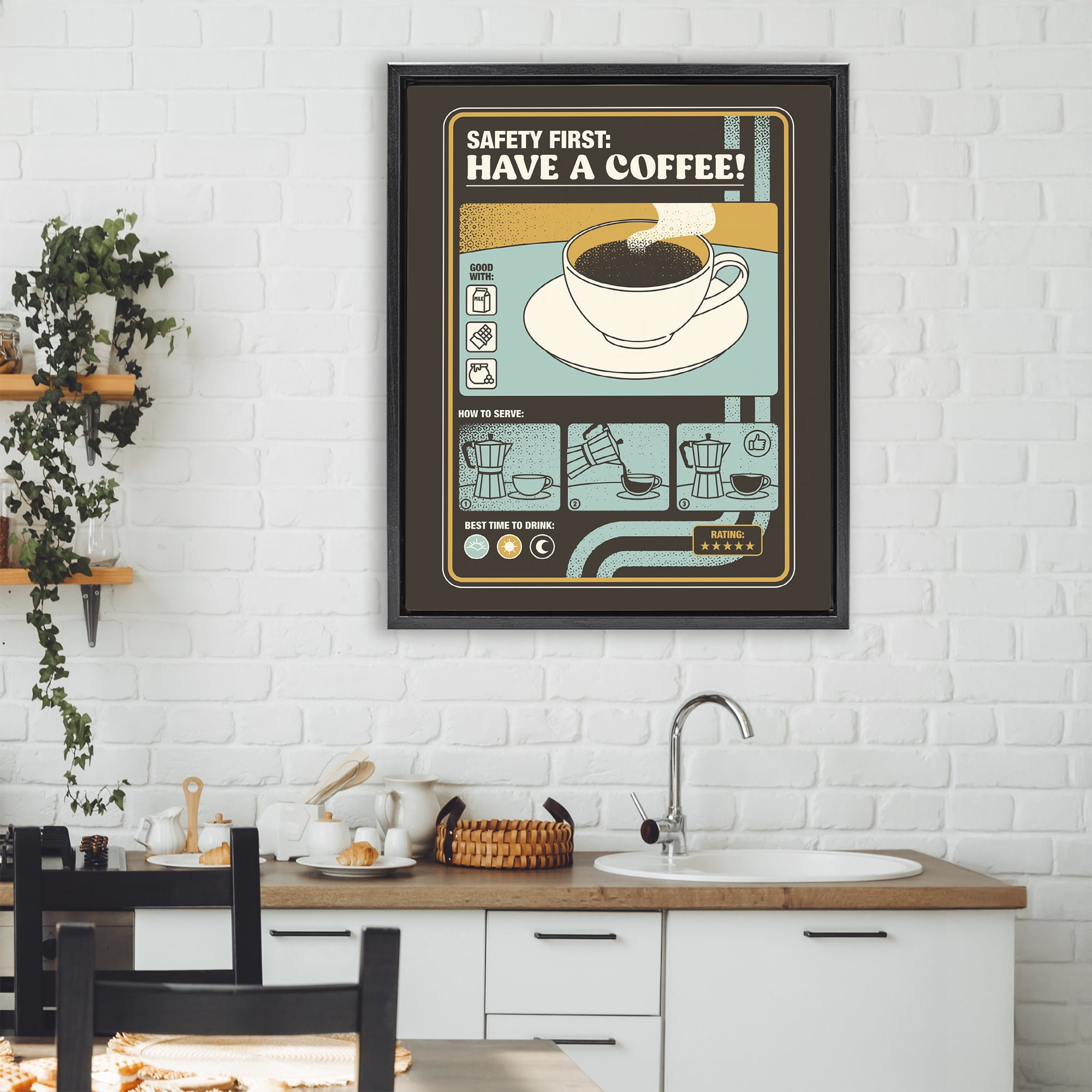 Stupell Industries Safety First Have A Coffee Black Framed Floater Canvas Wall Art, design by Tobe Fonseca