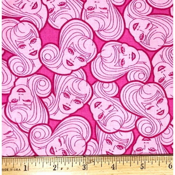 1 Fat Quarter - Barbie Dolls Tossed on Pink Cotton Fabric - 21" X 18"