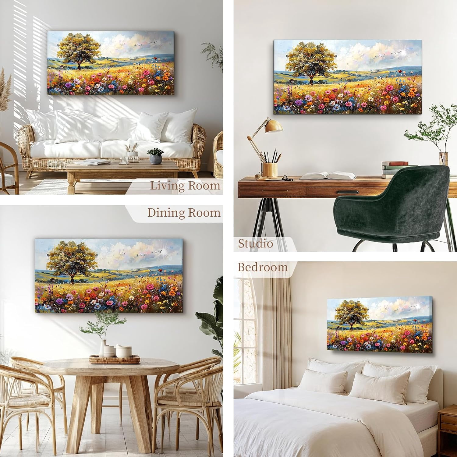 Tree Landscape Wall Art Print Country Wildflower Large Artwork Spring Colorful Scenery Painting for Living Room Bedroom Modern Rustic Farmhouse Decor - 20"x40"