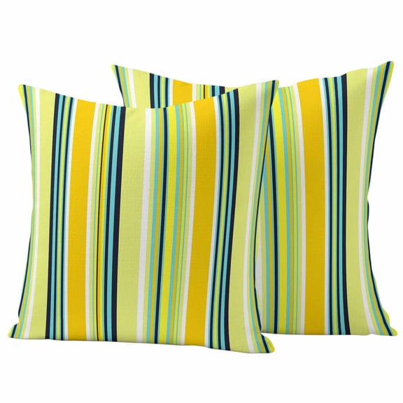 2 Pack Outdoor Waterproof Throw Pillow Covers,Yellow Blue Green Stripes Decorative Square Pillow Case Patio Pillowcases for Chair Couch Sofa 16x16in