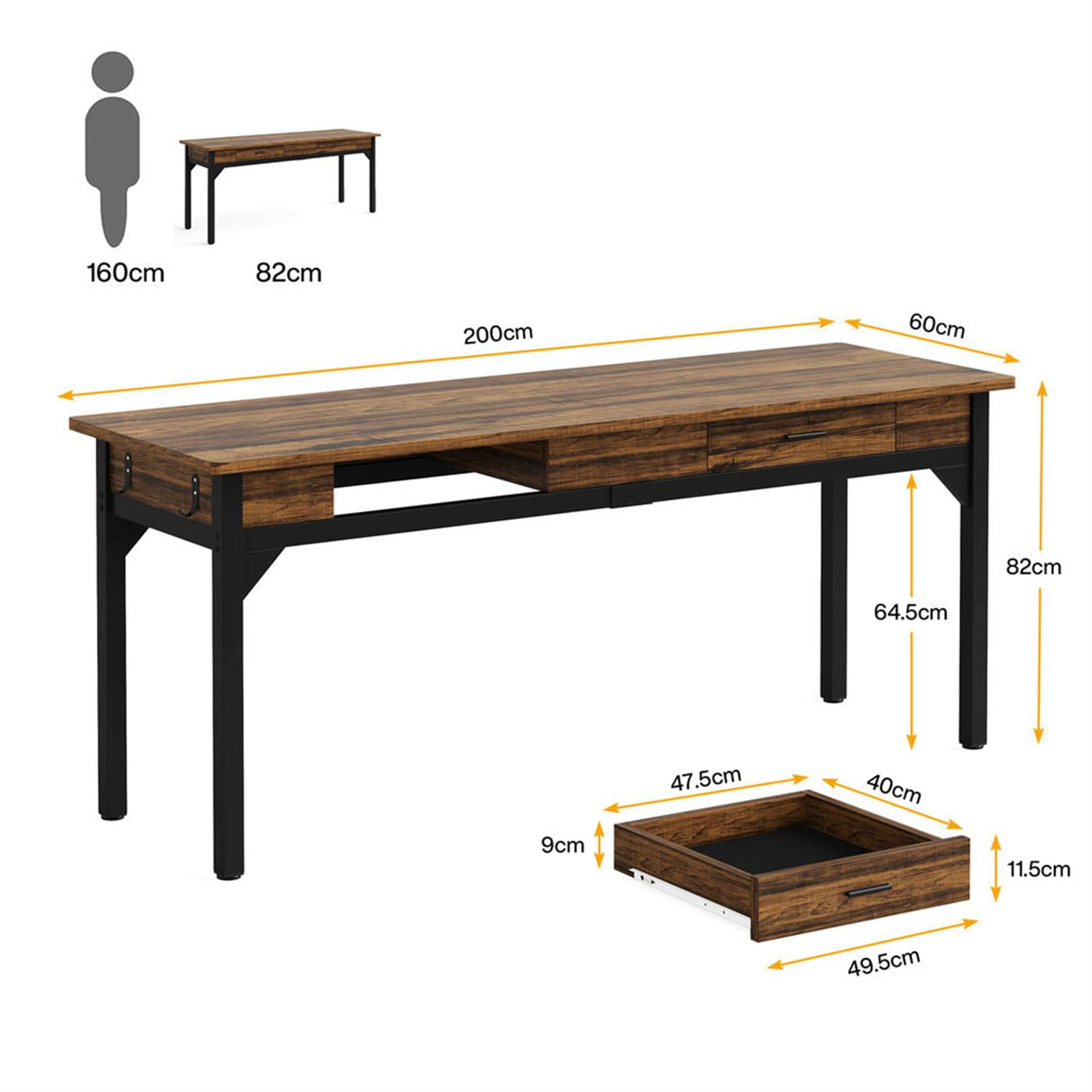 Demi Bonn 78" Industrial Two Computer Desk with 2 Drawers, Modern Double Study Writing Gaming Table for Home Office, Brown
