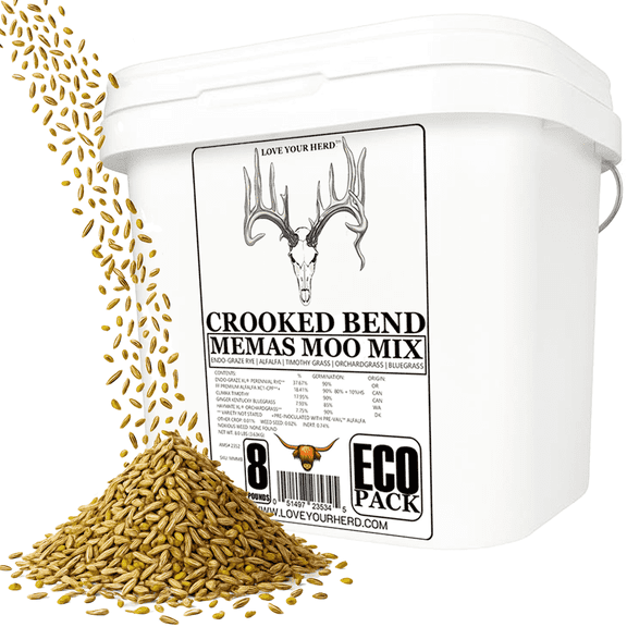 Crooked Bend Memas Moo Mix, 8LB EcoPack, Farm Pasture Seed Blend for Horse, Cattle, Pig, Goat, Chicken, Sheep & Livestock, Grow Alfalfa & Perennial Grasses Fields, Graze Resistant, Cold Tolerant