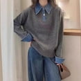 thumbnail image 2 of Arlun Womens Fall Long Sleeve Sweaters 2 in 1 Denim Panel Lapel Sweaters Button up Loose Fit Soft Comfortable Warm Fashion Polo Knit Sweater Tops Grey L, 2 of 3