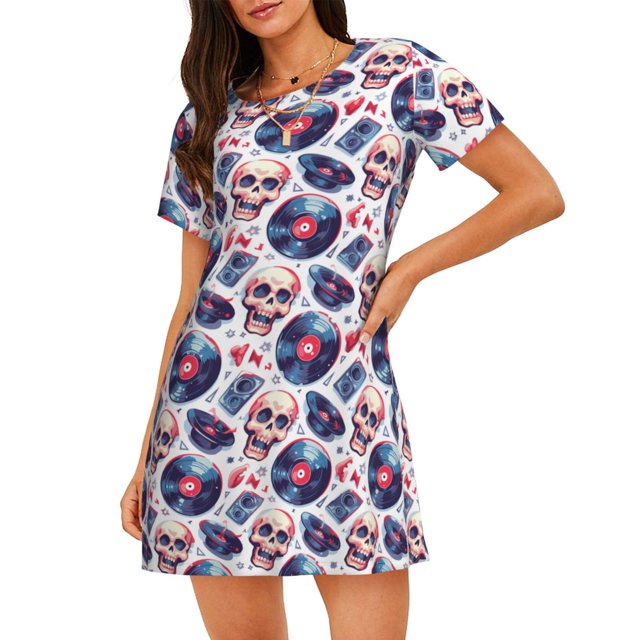 Fotbe record rock music Skull Bata de Dormir para Mujer con Estampado, Camisón de Algodón de Manga Corta, Ropa de Dormir Casual
