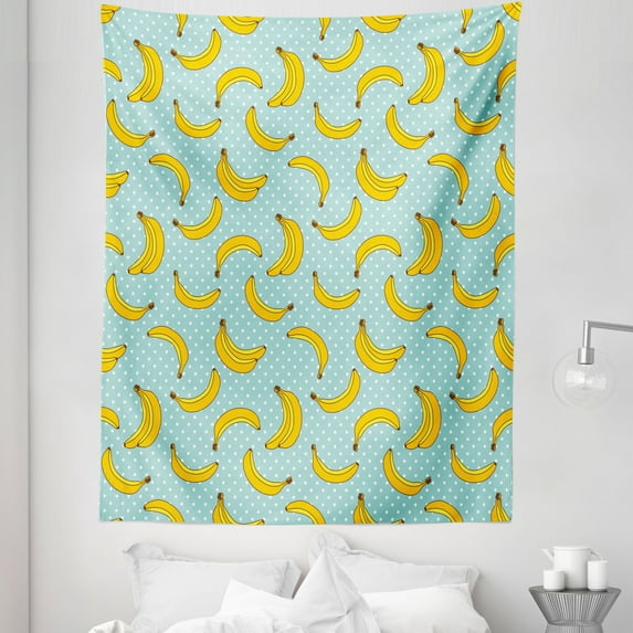Yellow and Blue Tapestry, Polka Dots Background with Bananas Tropical Fruit Cartoon, Fabric Wall Hanging Decor for Bedroom Living Room Dorm, 5 Sizes, Pale Blue Yellow, by Ambesonne