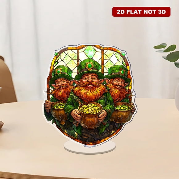 Rotating acrylic ornament featuring three leprechauns with pots of gold in vivid emerald and golden hues with exquisite glass-like shine