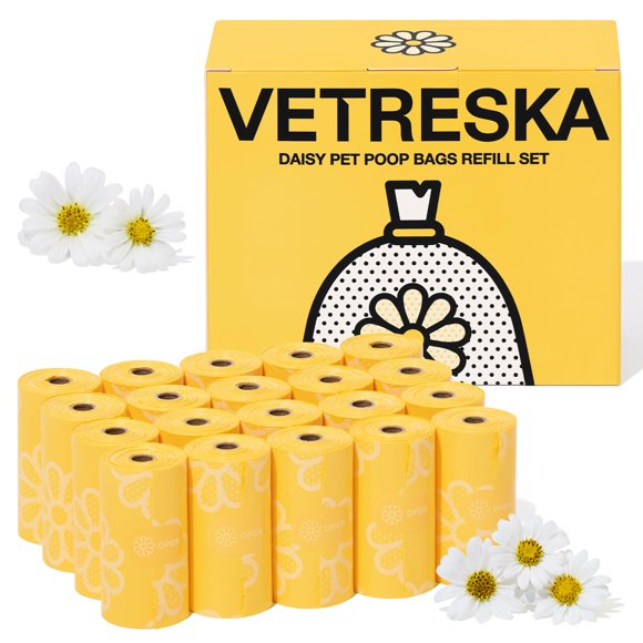 VETRESKA Dog Poop Bag Rolls Daisy Scented Leak-proof Pet Waste Bags Thick and Large Trash Bags for Dog Walking 20 Refill Rolls 300 Bags