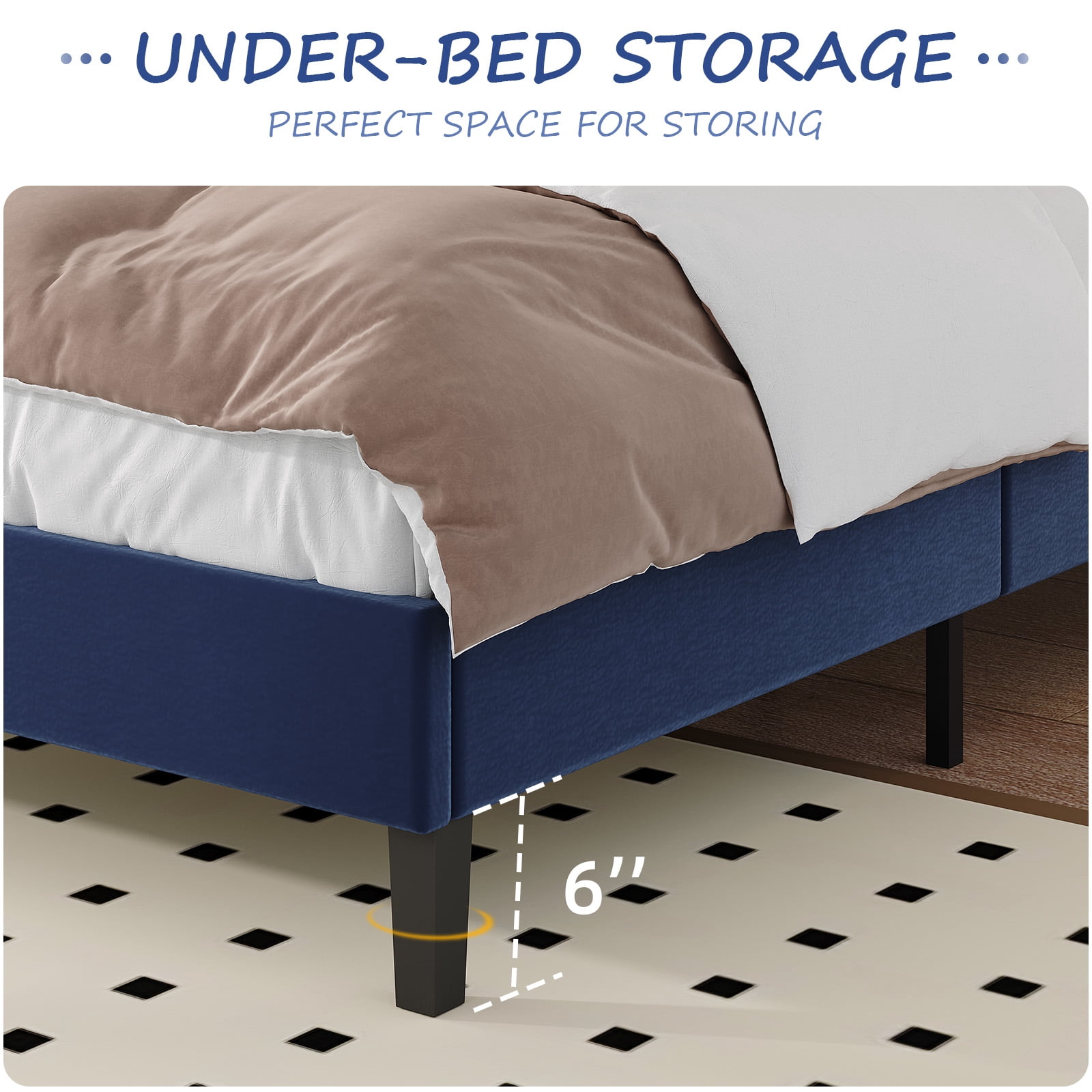 4 EVER WINNER Queen Size Platform Bed Frame, Horizontal Stitched Blue Velvet Upholstered Headboard, Solid Wooden Slat Support, Noise-Free, No Box Spring Needed
