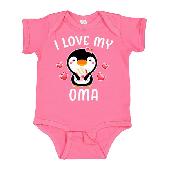 Inktastic I Love My Oma with Cute Penguin and Hearts Girls Baby Bodysuit