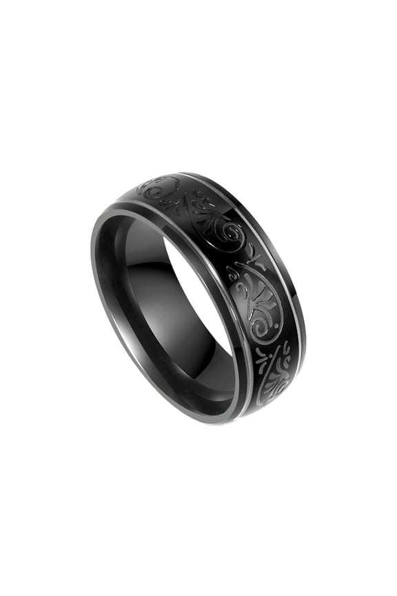 Stainless Steel 8mm Band Vintage Floral Engraved Statement Ring Classic Everyday Wear Jewelry for Men and Women Black Size 9