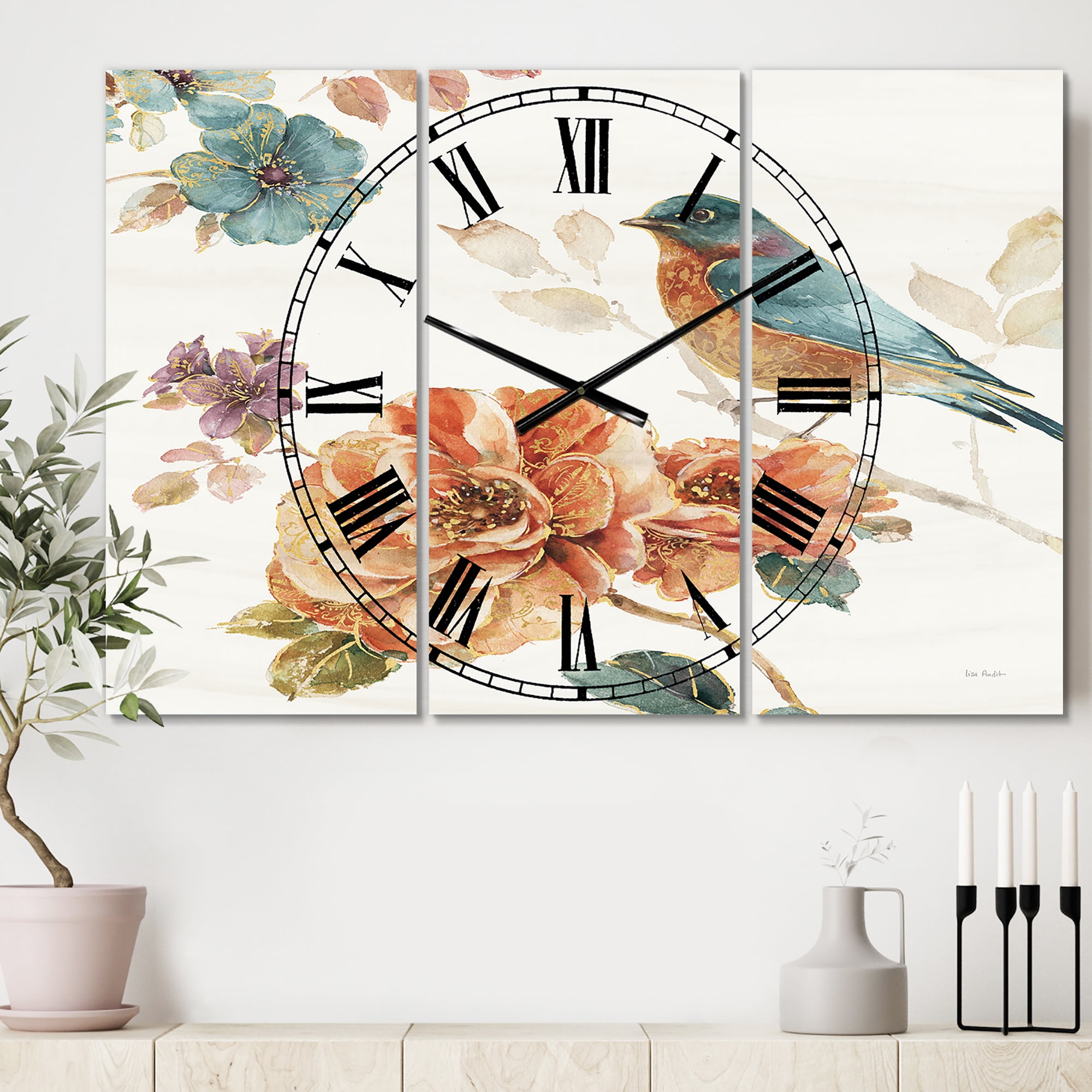 Designart 'Cottage Bird on Orange Flower Twig' Farmhouse Wall Clock