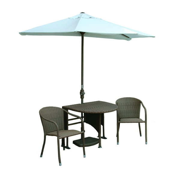 TERRACE MATES ADENA All-Weather Wicker Coffee Color Table Set w/ 7.5'-Wide OFF-THE-WALL BRELLA - Natural Olefin Canopy
