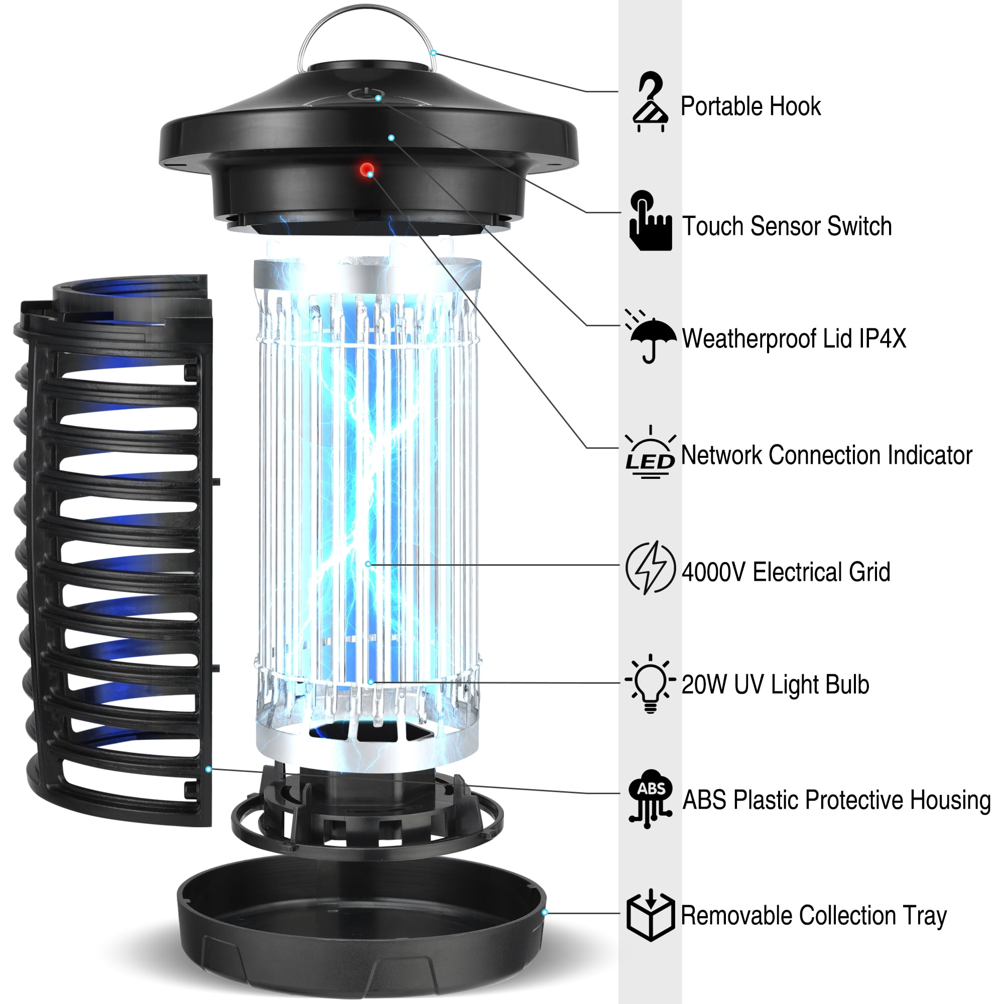 Bug Zapper Indoors Outdoor, 20W Light & 4000V Mosquito Zapper, Insect Zapper Electric Fly Traps, Fly Killer Fly Zapper for Home, Patio, Kitchen, Backyard, Camping