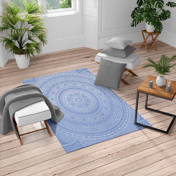 Mandala Turkish Area Rug, Abstract Floral Design with Themes Native South East Folkloric Illustration, Soft Carpet for Living Room Decor with Distressed Look, 5.2' X 7.6', Lavender Blue, by Ambesonne