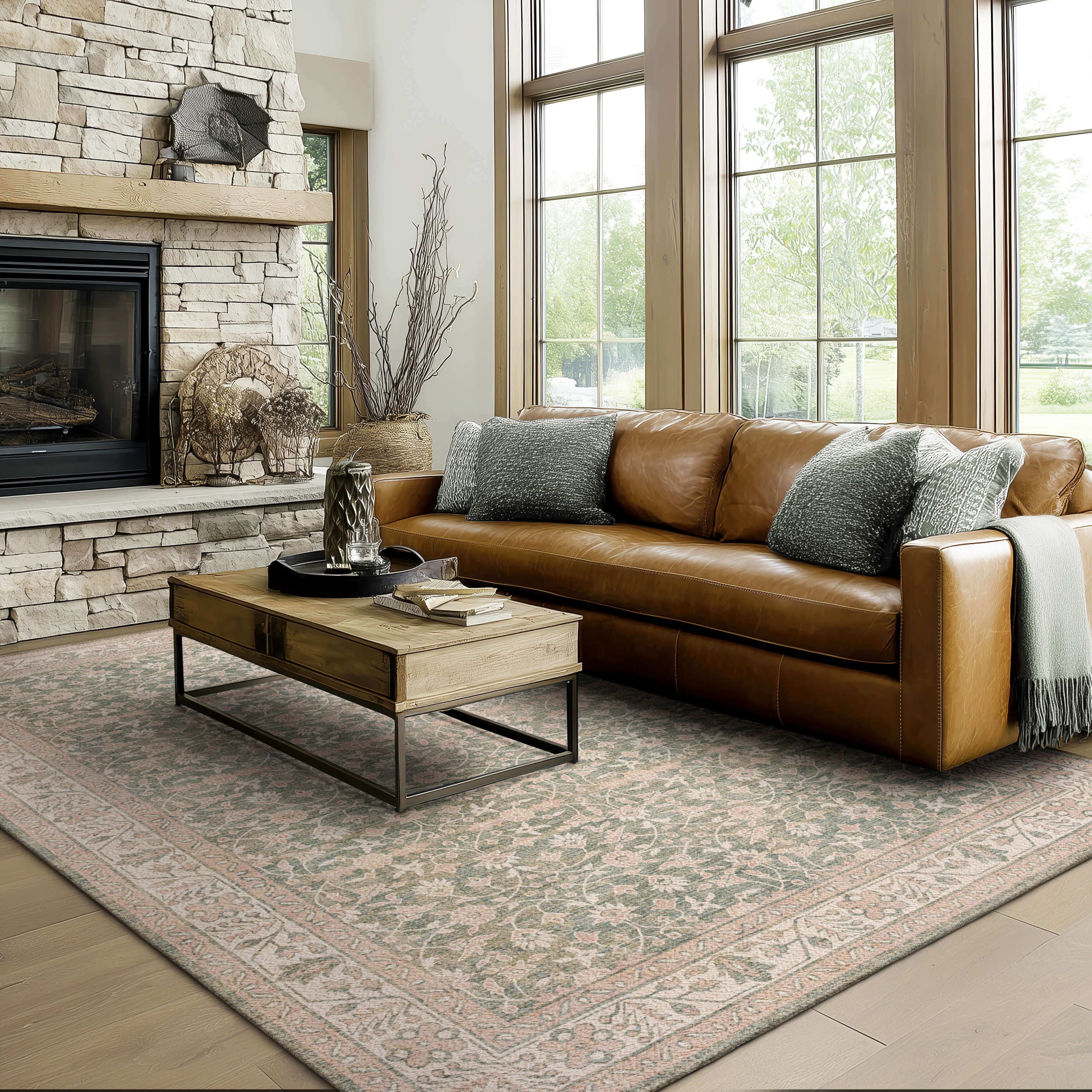 Mainstays Zula Jardin Indoor Area Rug, Low Pile Stain and Fade Resistant Polyester, Green, 8 ft x 10 ft