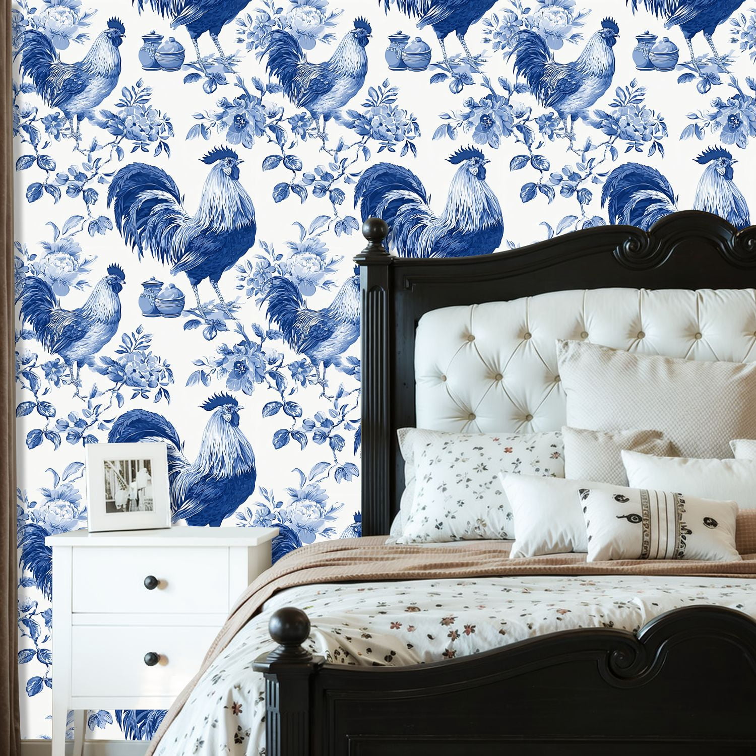 Chicken Peel and Stick Wallpaper Roosters Chickens Blue White Toile Floral Wall Mural 23.6in x 9.8ft Self Adhesive Removable Wall Paper Renter Friendly Wallpaper for Nursery Bedroom Cabinets