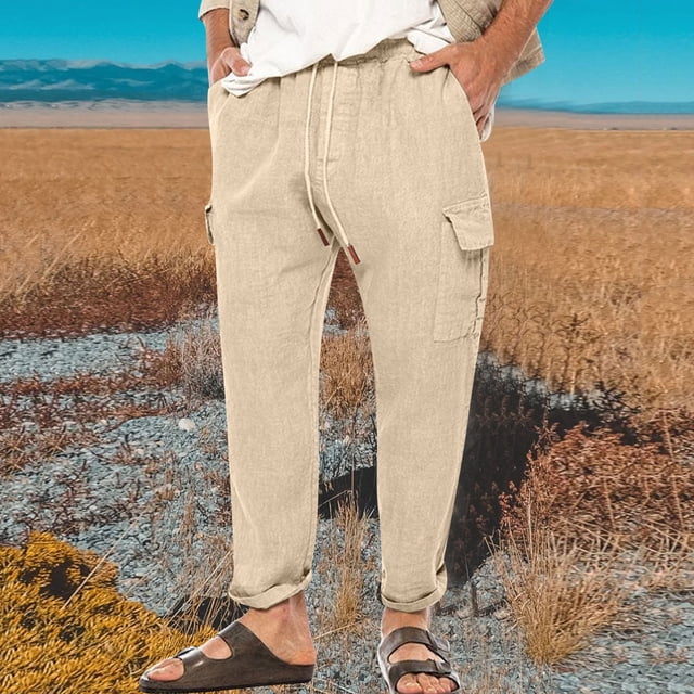 Pantalones largos de algodón y lino para hombre con cintura elástica y cordón ajustable, pantalones casuales de uso diario, pantalones deportivos, pantalones para hombre