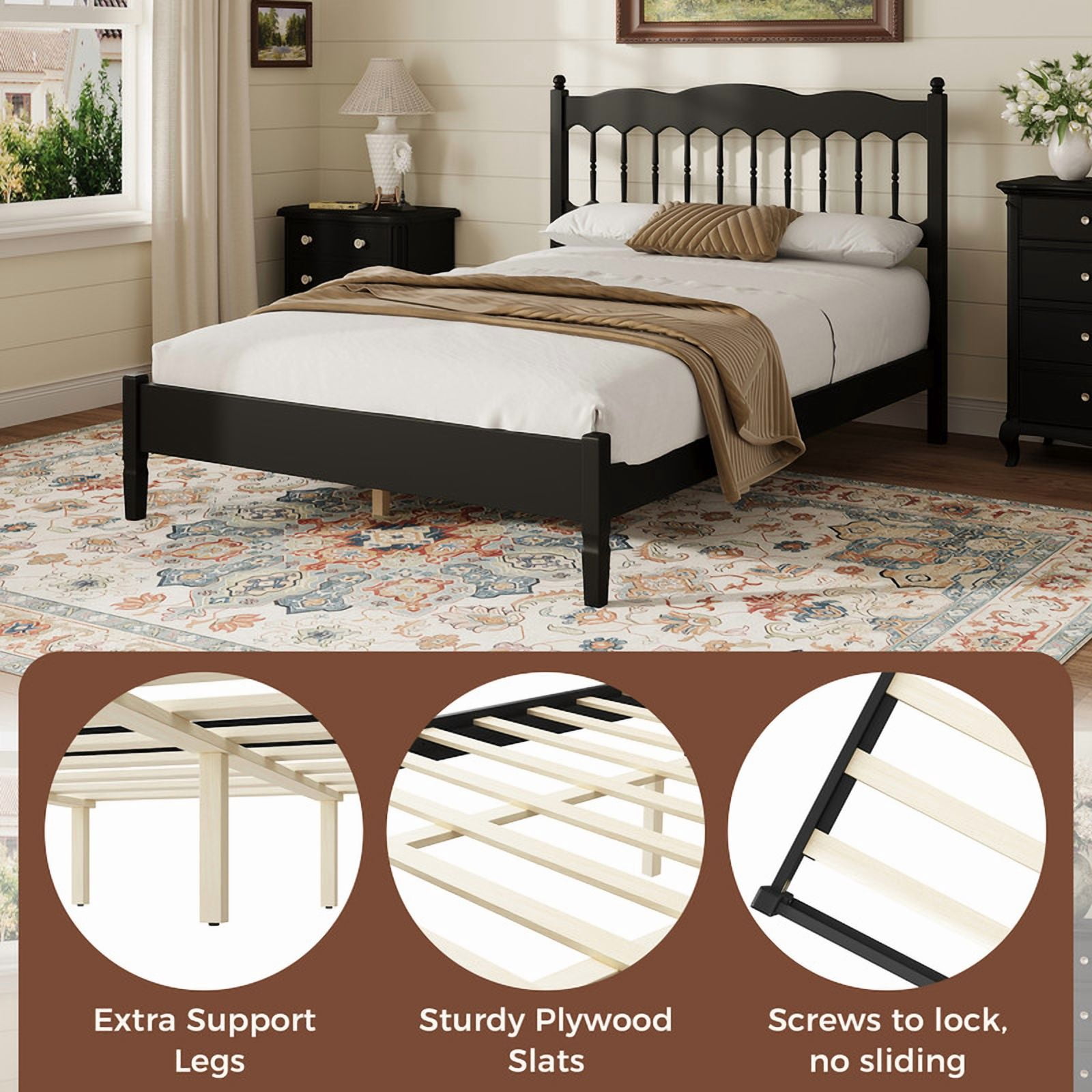 Full Size Retro Countryside Style Wooden Bed Frame with Spindle Headboard, Low Profile Platform Bed with No Box Spring Required