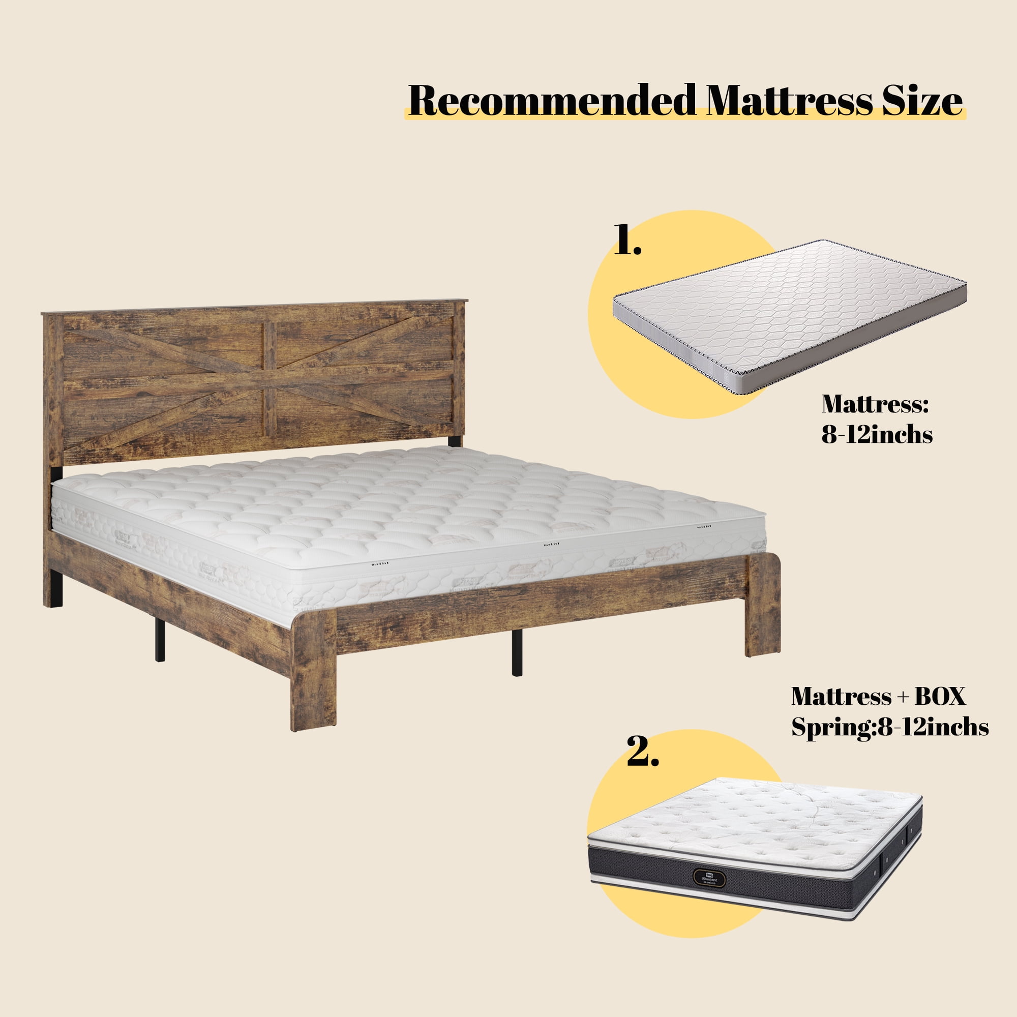 King Size Farmhouse Wooden Bed Frame with Headboard, Boho Platform Bedframe Sturdy Metal Slats Support, No Spring Mattress , Silent Operation, Easy Assembly (King, Brown)