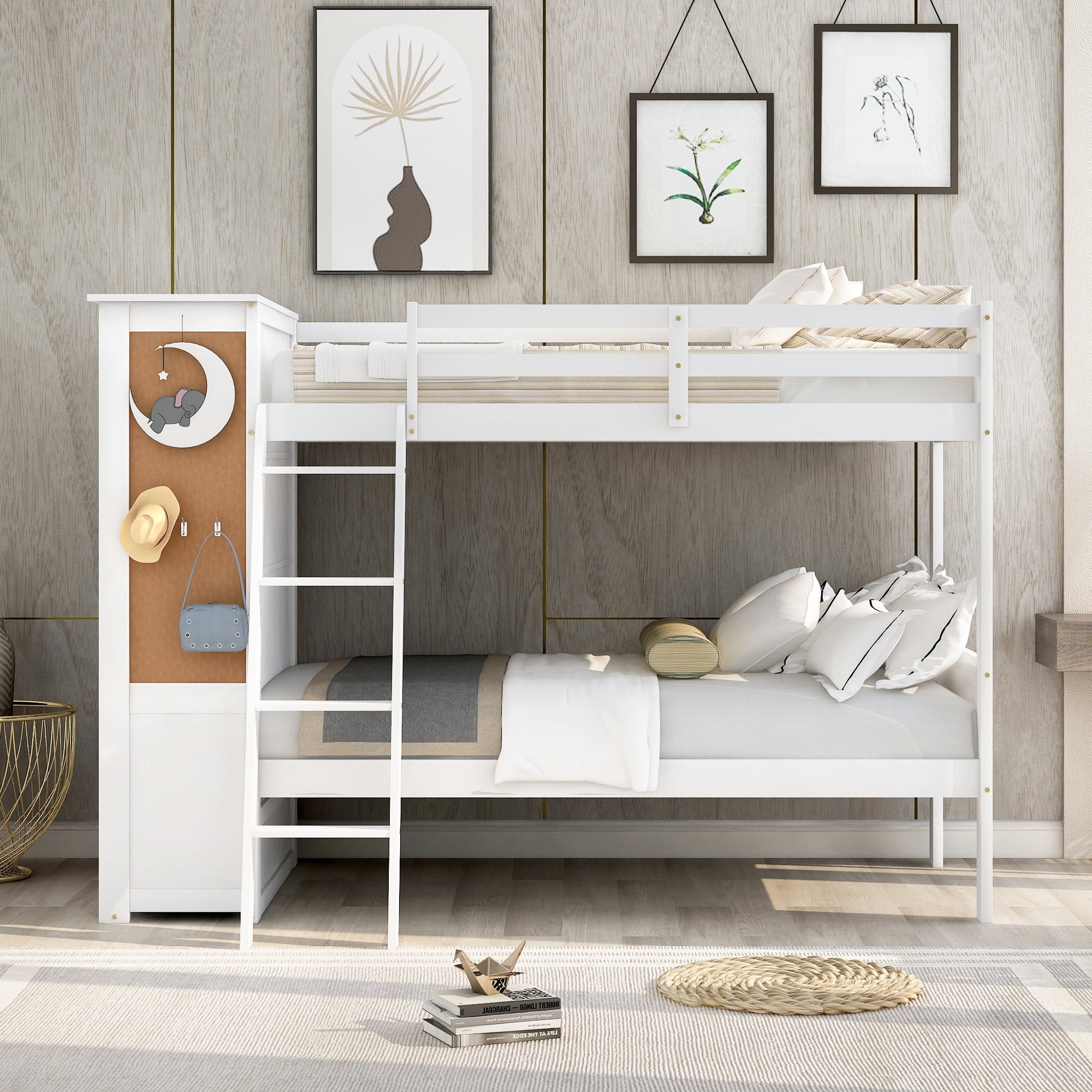 Lipobao Wood Twin Over Bunk Bed, White Twin Over Floor Bunk Bed With Storage